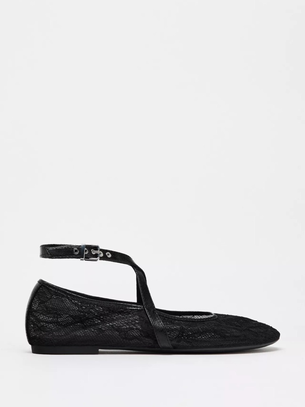 Zara Black Lace Mary Jane Flats with Strap